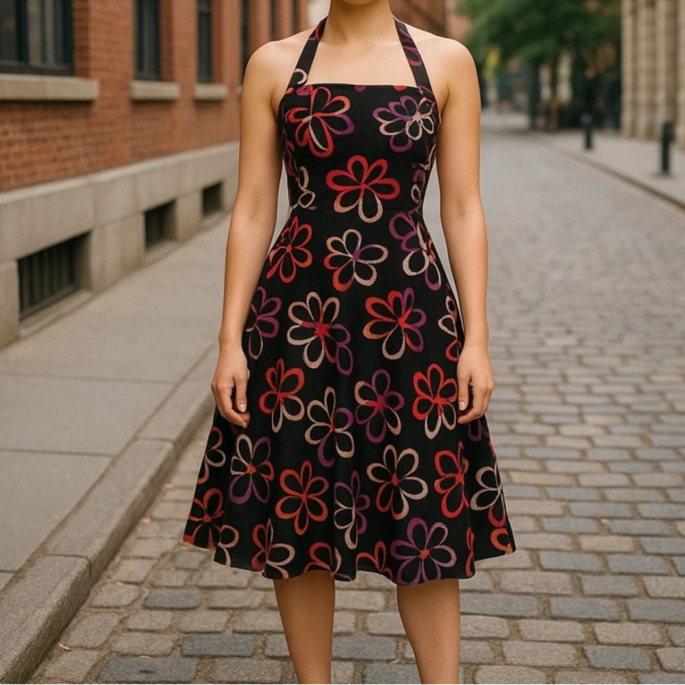 Halter Floral A-Line Dress in Black with Red & Purple Flowers